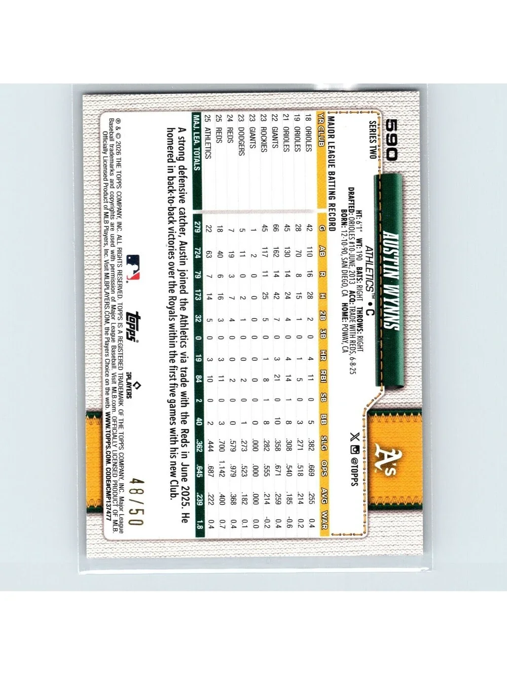 2026 Topps Austin Wynns #590 All-Star Game Gold #/50 Athletics